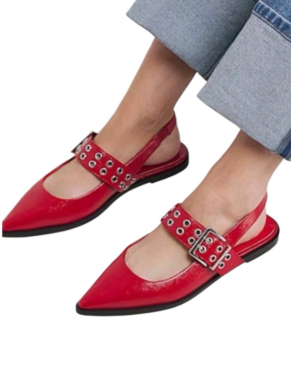 NEW Steve Madden Smokee Buckle Slingback Red Flats Pointed Toe Grommets Size 8